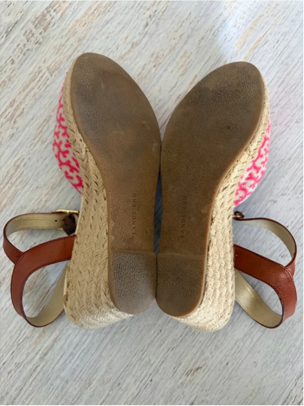 Women's Lands' End Pink Beige Patterned Espadrille Wedges 7.5